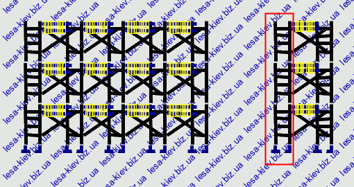 Scheme of scaffolding 90 sq. m., Two designs: length -12x6- height, and length -3x6- height, 3 rows of flooring