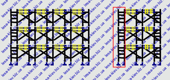 Scheme of scaffolding 108 sq. m., Two designs: length -12x6- height, and length -6x6- height, 3 rows of flooring